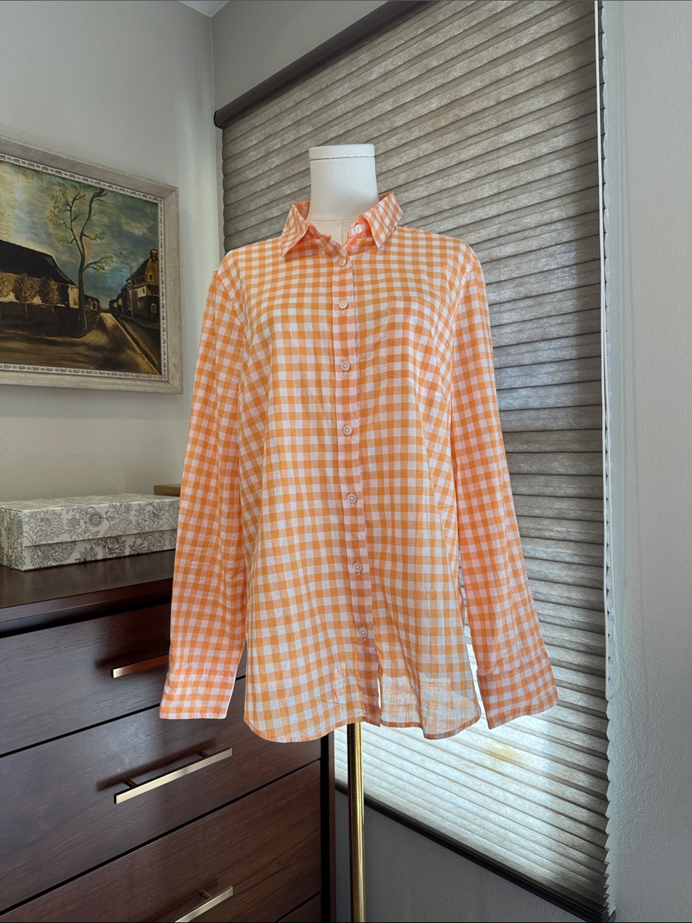 Woman's J. Crew Factory Orange and White Gingham Button-Down Shirt. Size XL